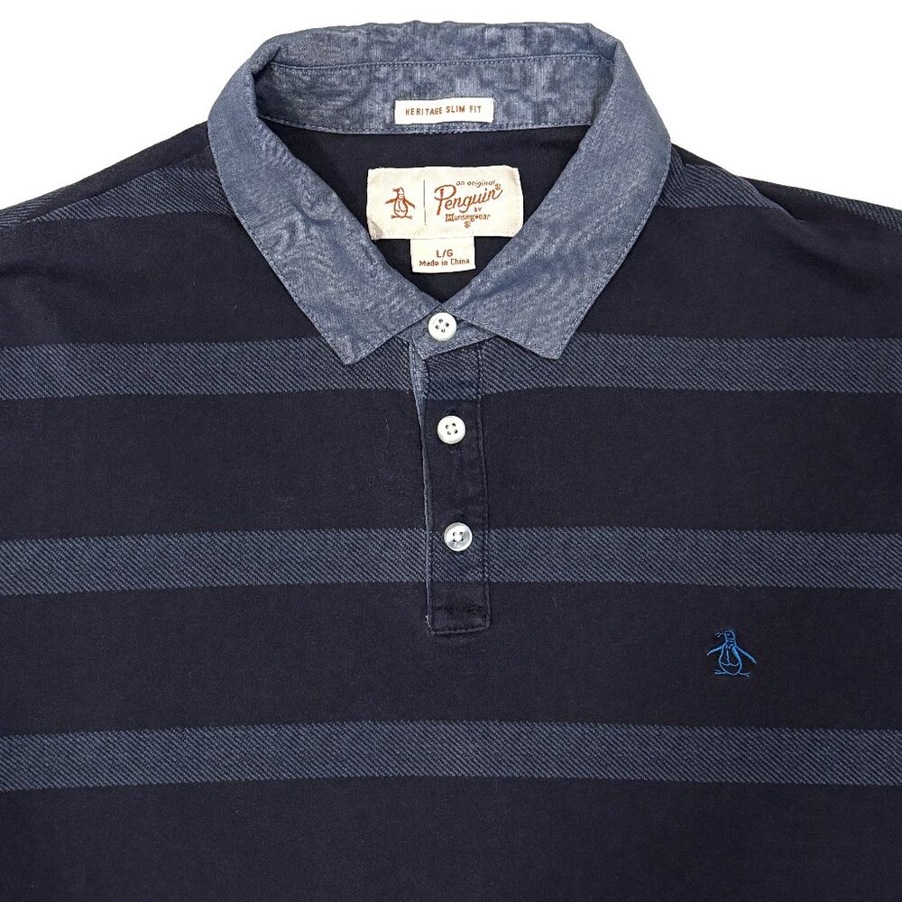 Penguin Heritage Slim Fit Short Sleeve Polo Knit Blue Striped Shirt